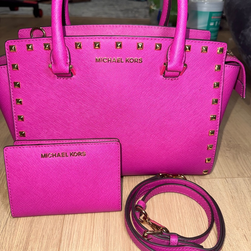 Michael Kors Women's Studded Saffiano Leather Tote - Hot Pink